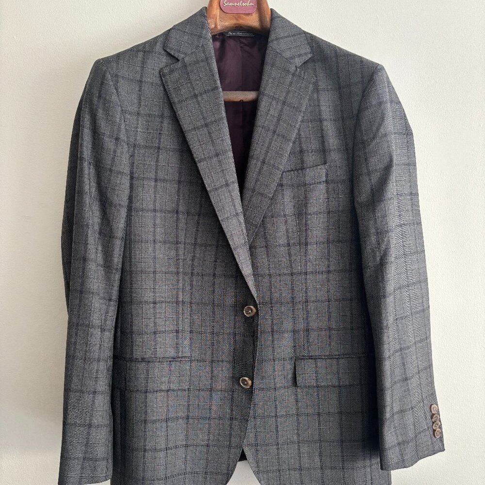 $1600 Jack Victor Grey Plaid Check Suit- 40, Pants 32 Made in Canada
